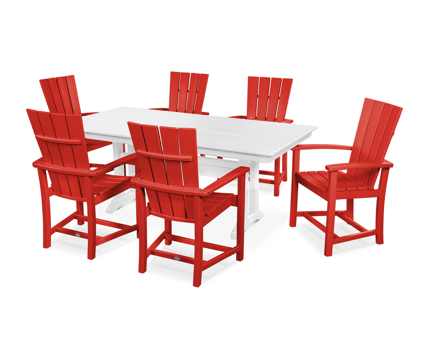 POLYWOOD Quattro 7-Piece Farmhouse Dining Set with Trestle Legs in Sunset Red / White