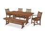 POLYWOOD Traditional Garden Arm Chair 6-Piece Farmhouse Dining Set with Trestle Legs and Bench in Teak image