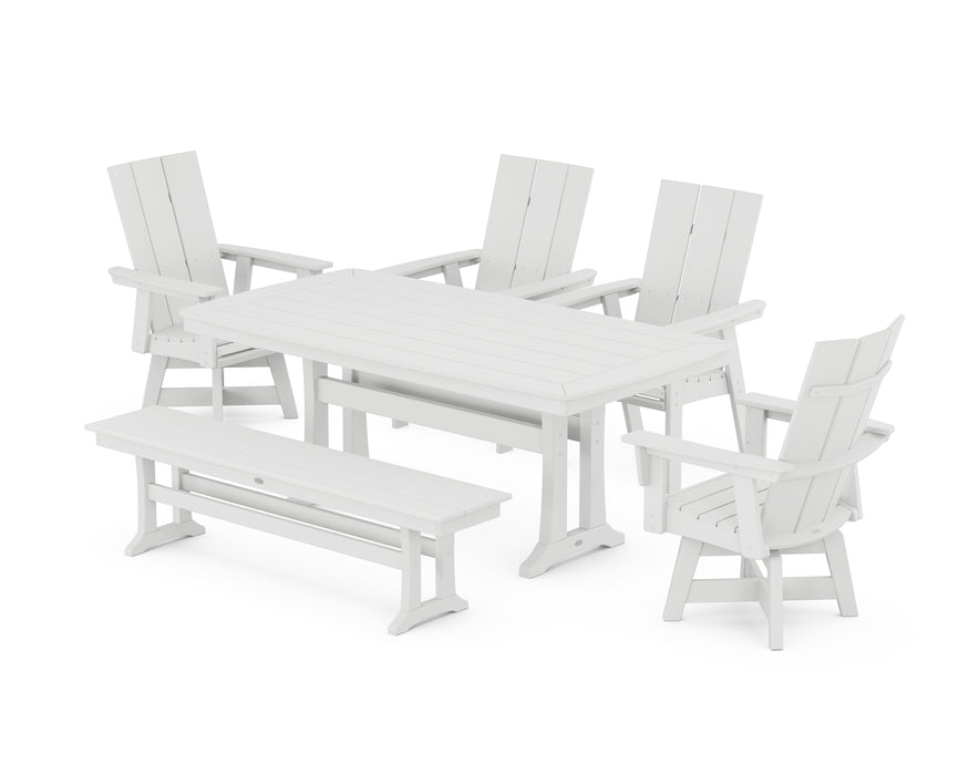 POLYWOOD Modern Curveback Adirondack Swivel Chair 6-Piece Dining Set with Trestle Legs and Bench in White image