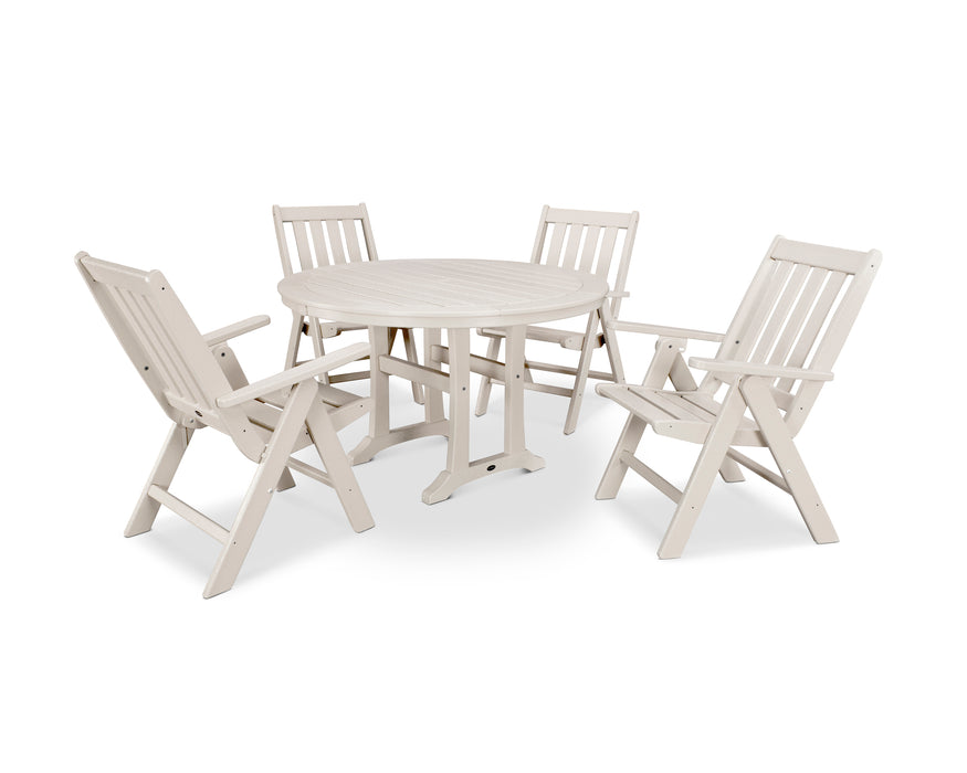 POLYWOOD Vineyard Folding Chair 5-Piece Round Dining Set with Trestle Legs in Sand