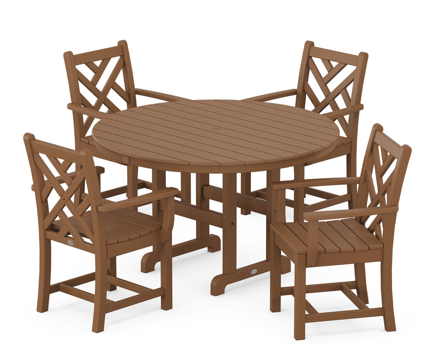 POLYWOOD Chippendale 5-Piece Round Farmhouse Dining Set in Teak