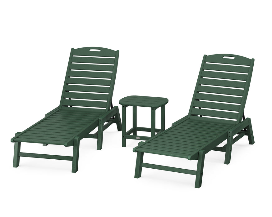 POLYWOOD Nautical 3-Piece Chaise Lounge Set with South Beach 18" Side Table in Green image