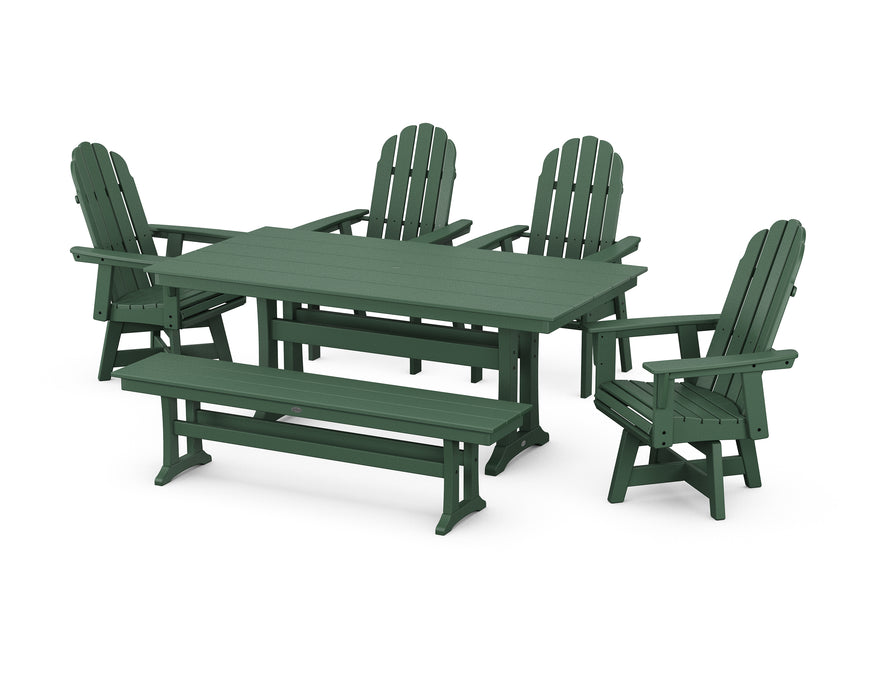 POLYWOOD Vineyard Curveback Adirondack 6-Piece Swivel Chair Farmhouse Dining Set with Trestle Legs and Bench in Green