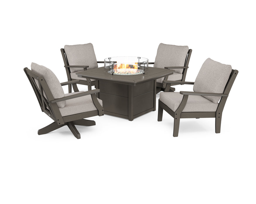 POLYWOOD Braxton 5-Piece Deep Seating Set with Fire Table in Vintage Coffee / Weathered Tweed