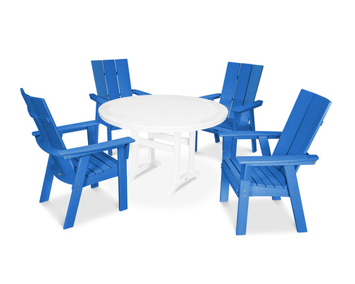 POLYWOOD Modern Curveback Adirondack 5-Piece Nautical Trestle Dining Set in Pacific Blue / White image