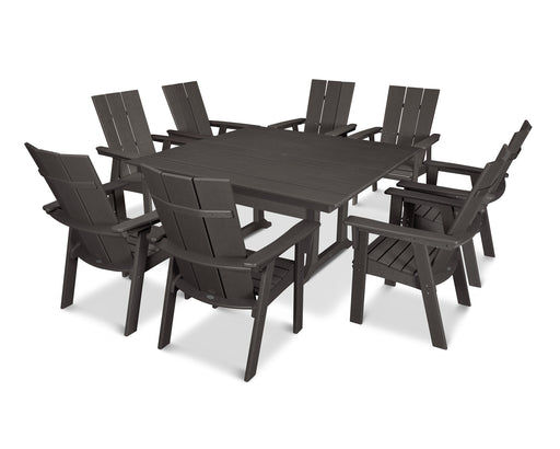 POLYWOOD Modern Curveback Adirondack 9-Piece Farmhouse Trestle Dining Set in Vintage Coffee image