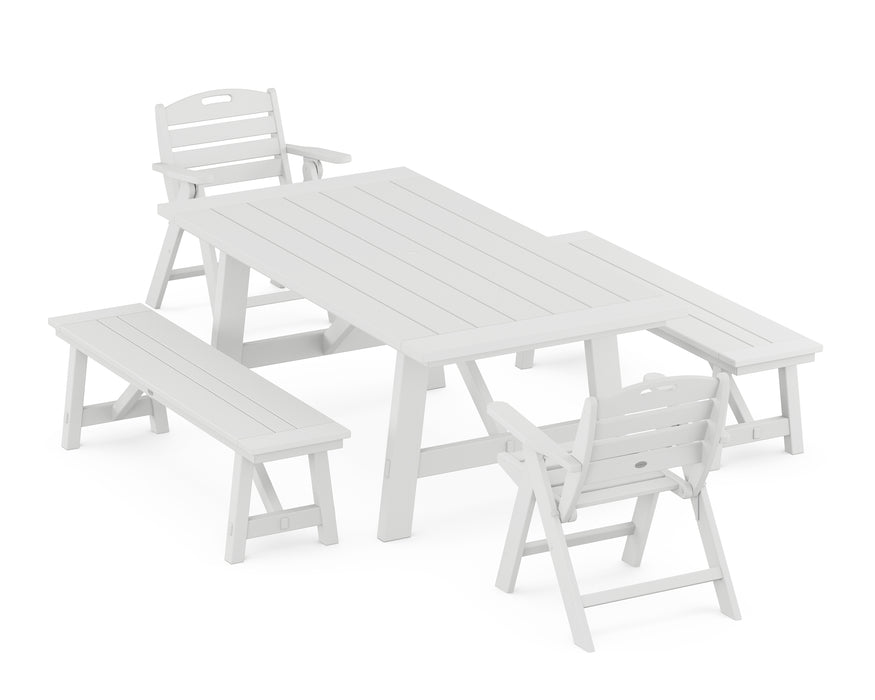 POLYWOOD Nautical Lowback Chair 5-Piece Rustic Farmhouse Dining Set With Benches in White