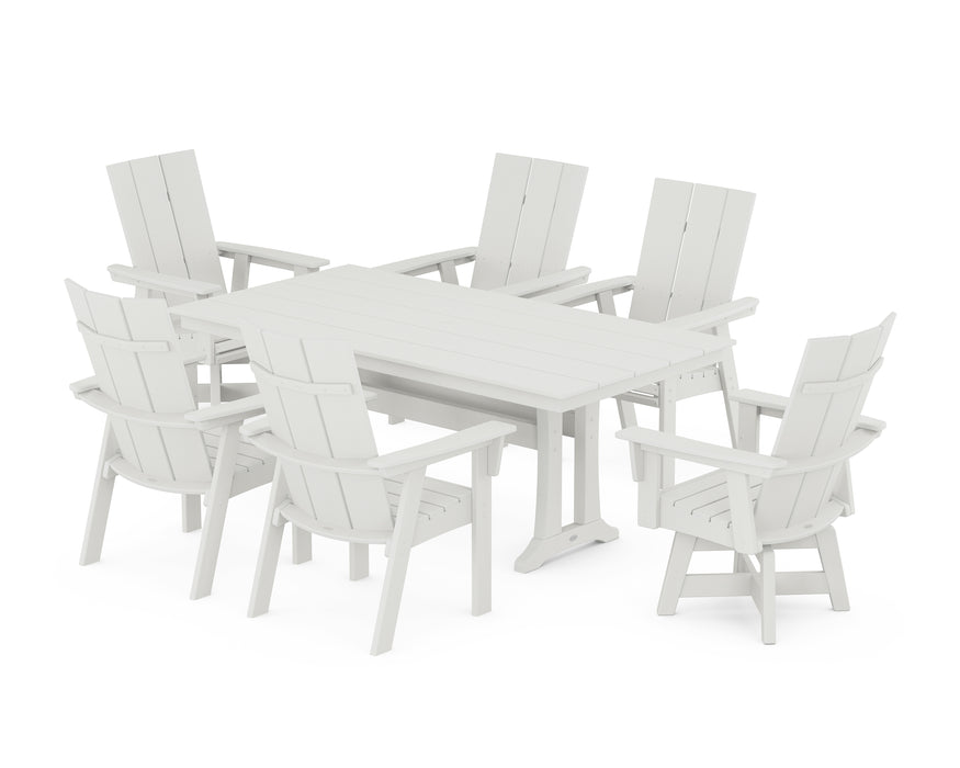 POLYWOOD Modern Curveback Adirondack Swivel Chair 7-Piece Farmhouse Dining Set With Trestle Legs in Vintage White