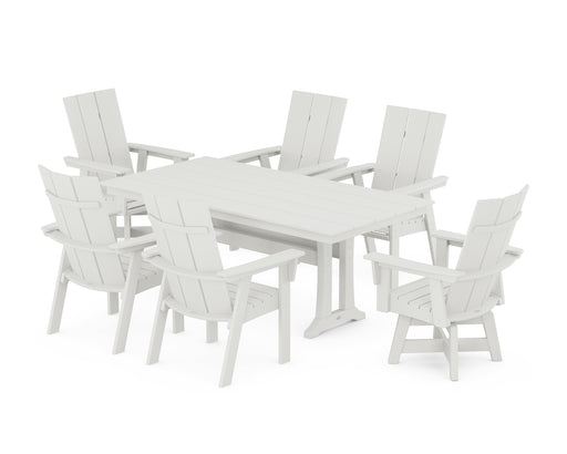 POLYWOOD Modern Curveback Adirondack Swivel Chair 7-Piece Farmhouse Dining Set With Trestle Legs in Vintage White image