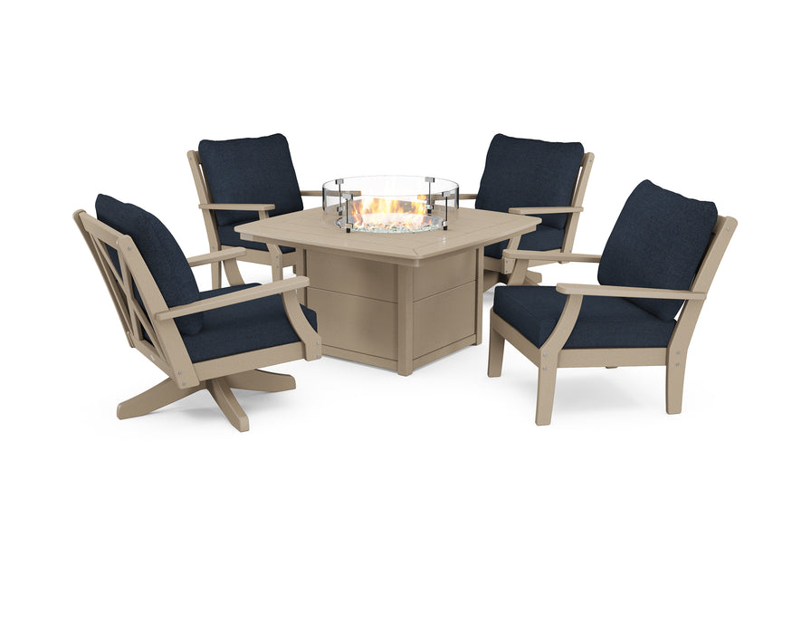 POLYWOOD Braxton 5-Piece Deep Seating Set with Fire Table in Vintage Sahara / Marine Indigo