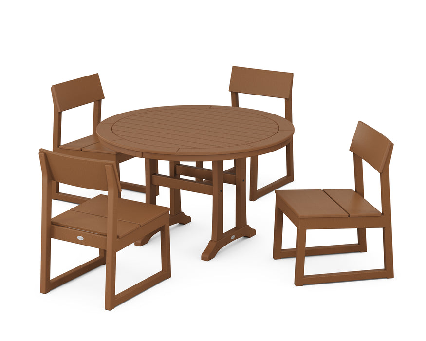 POLYWOOD EDGE Side Chair 5-Piece Round Dining Set With Trestle Legs in Teak image