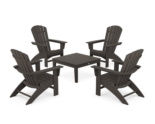 POLYWOOD 5-Piece Nautical Curveback Adirondack Chair Conversation Set with 36" Conversation Table in Vintage Coffee image