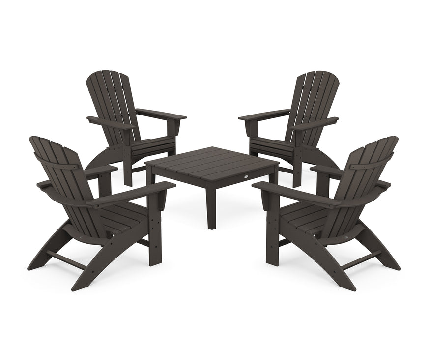 POLYWOOD 5-Piece Nautical Curveback Adirondack Chair Conversation Set with 36" Conversation Table in Vintage Coffee image