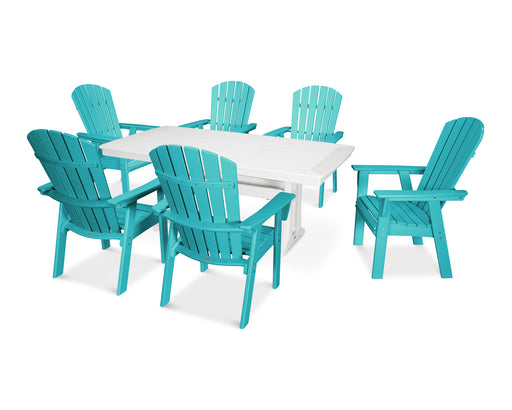 POLYWOOD Nautical Curveback Adirondack 7-Piece Dining Set with Trestle Legs in Aruba / White image