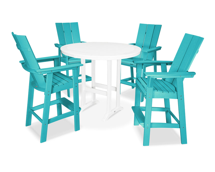 POLYWOOD Modern Curveback Adirondack 5-Piece Nautical Trestle Bar Set in Aruba / White image