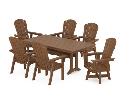 POLYWOOD Nautical Curveback Adirondack Swivel Chair 7-Piece Farmhouse Dining Set With Trestle Legs in Teak image