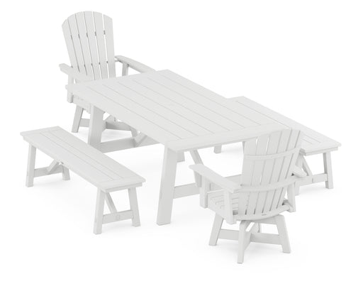 POLYWOOD Nautical Curveback Adirondack Swivel Chair 5-Piece Rustic Farmhouse Dining Set With Benches in White image