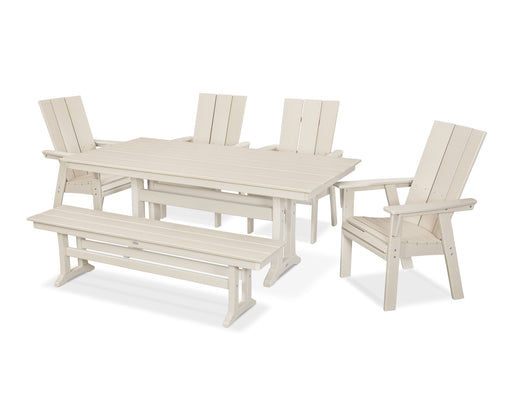 POLYWOOD Modern Curveback Adirondack 6-Piece Farmhouse Dining Set with Trestle Legs and Bench in Sand image