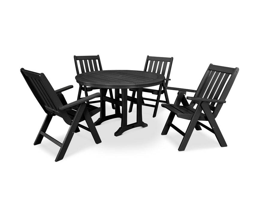 POLYWOOD Vineyard Folding Chair 5-Piece Round Dining Set with Trestle Legs in Black