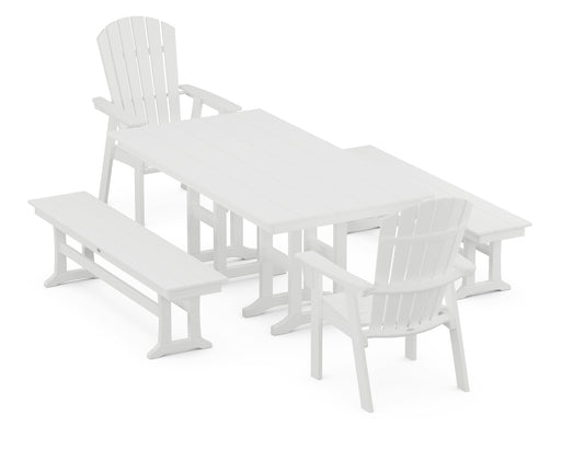 POLYWOOD Nautical Curveback Adirondack 5-Piece Farmhouse Dining Set with Benches in White image