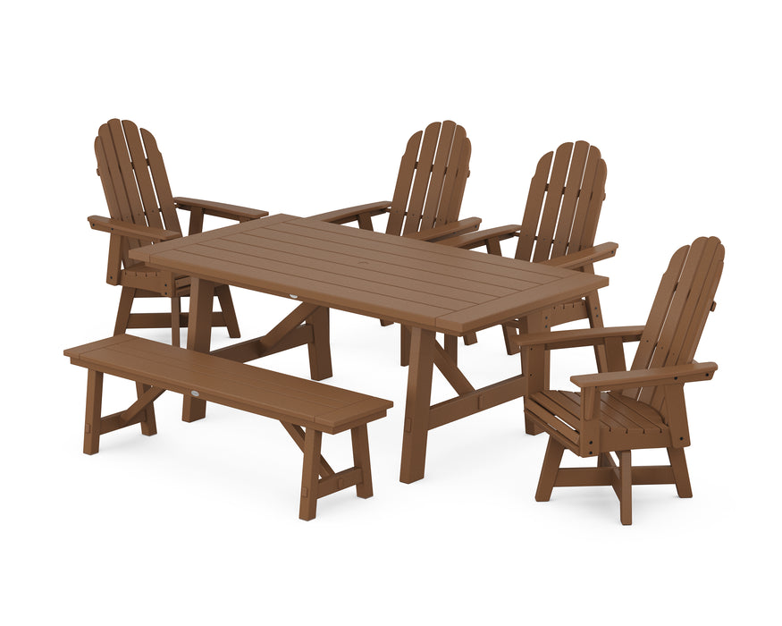 POLYWOOD Vineyard Curveback Adirondack Swivel Chair 6-Piece Rustic Farmhouse Dining Set With Bench in Teak