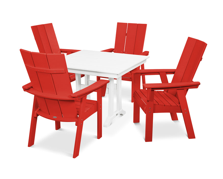 POLYWOOD Modern Curveback Adirondack 5-Piece Farmhouse Trestle Dining Set in Sunset Red / White image