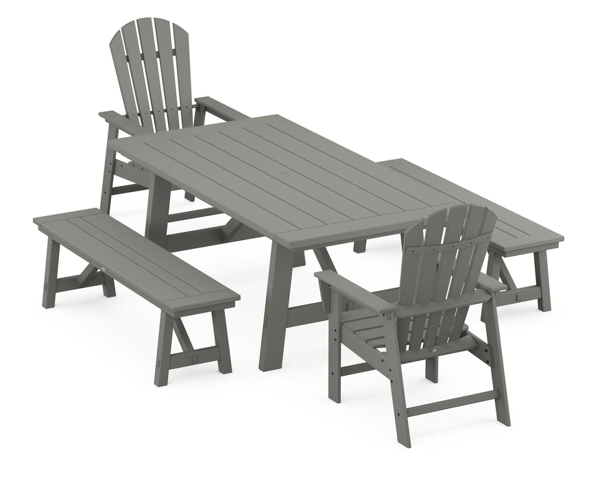 POLYWOOD South Beach 5-Piece Rustic Farmhouse Dining Set With Benches in Slate Grey image