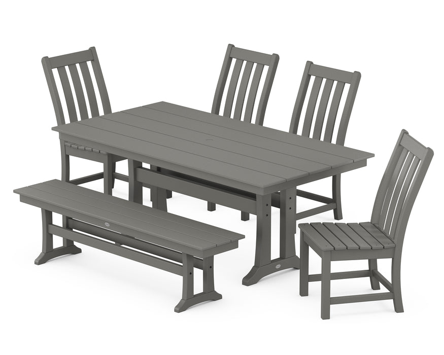 POLYWOOD Vineyard Side Chair 6-Piece Farmhouse Dining Set with Trestle Legs and Bench in Slate Grey