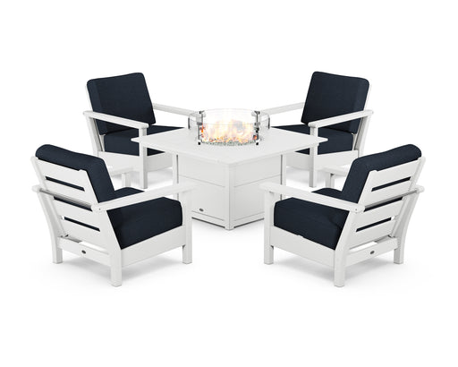 POLYWOOD Harbour 5-Piece Conversation Set with Fire Pit Table in White / Marine Indigo image