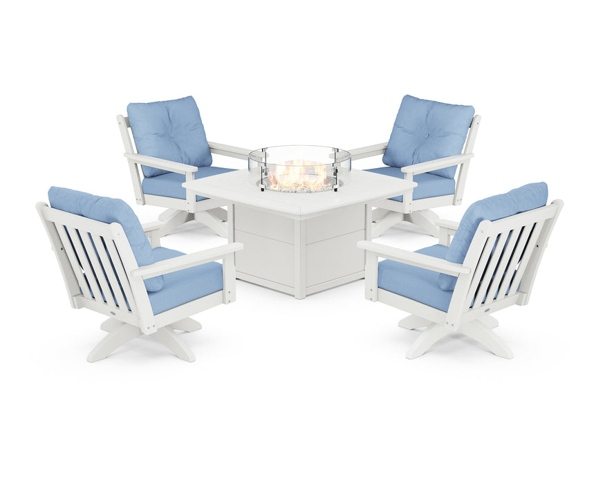 POLYWOOD Vineyard 5-Piece Deep Seating Swivel Conversation Set with Fire Pit Table in Vintage White / Air Blue