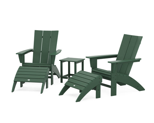 POLYWOOD Modern Curveback Adirondack Chair 5-Piece Set with Ottomans and 18" Side Table in Green image