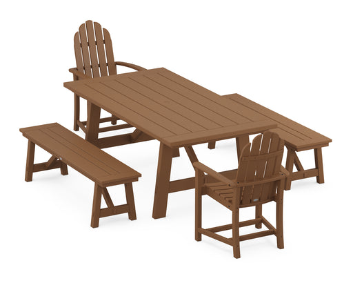 POLYWOOD Classic Adirondack 5-Piece Rustic Farmhouse Dining Set With Benches in Teak image