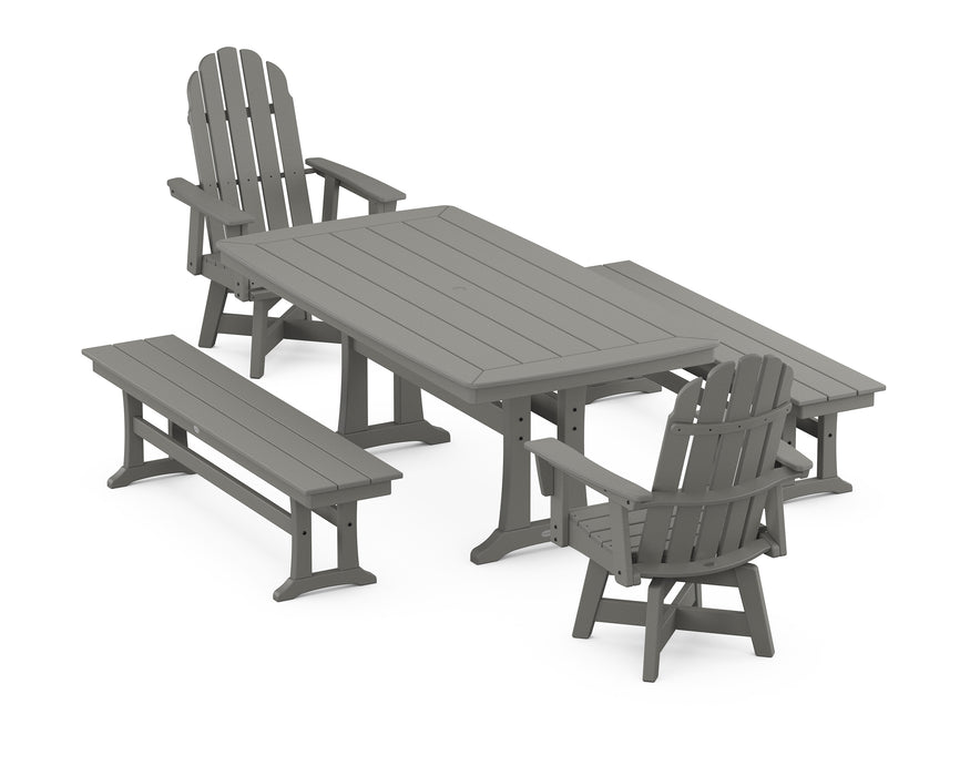 POLYWOOD Vineyard Adirondack Swivel Chair 5-Piece Dining Set with Trestle Legs and Benches in Slate Grey