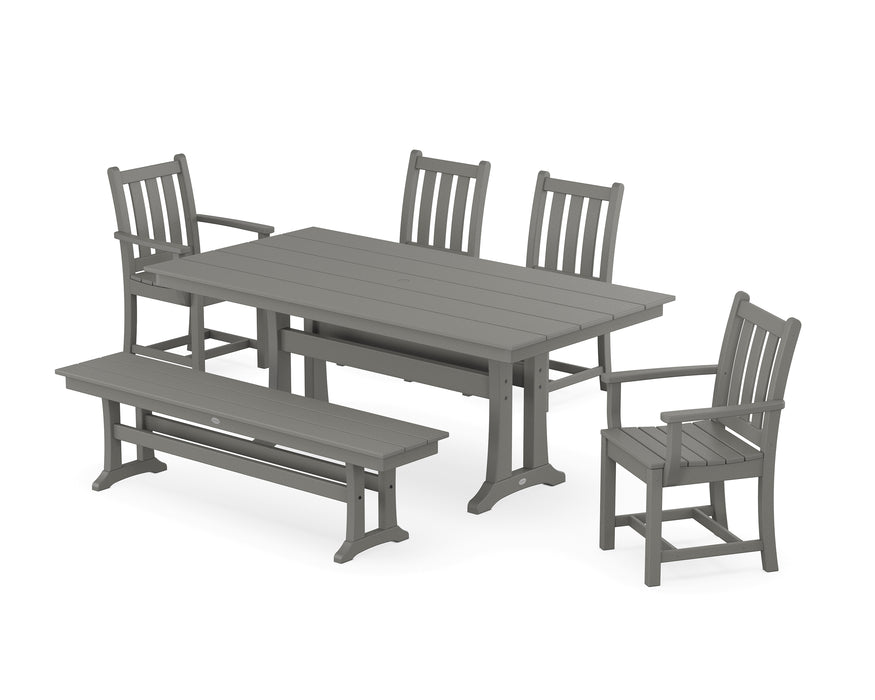 POLYWOOD Traditional Garden 6-Piece Farmhouse Dining Set with Trestle Legs and Bench in Slate Grey