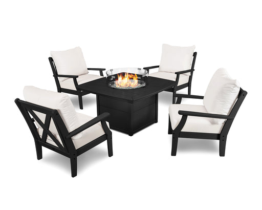 POLYWOOD Braxton 5-Piece Deep Seating Conversation Set with Fire Pit Table in Black / Bird's Eye image