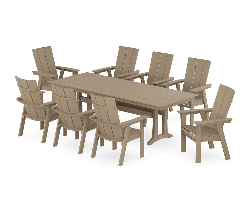 POLYWOOD Modern Curveback Adirondack 9-Piece Farmhouse Dining Set with Trestle Legs in Vintage Sahara