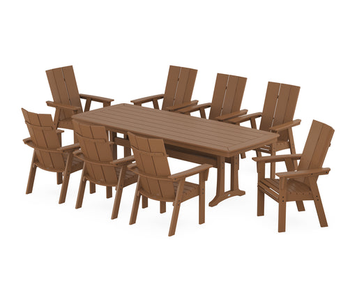 POLYWOOD Modern Curveback Adirondack 9-Piece Dining Set with Trestle Legs in Teak image