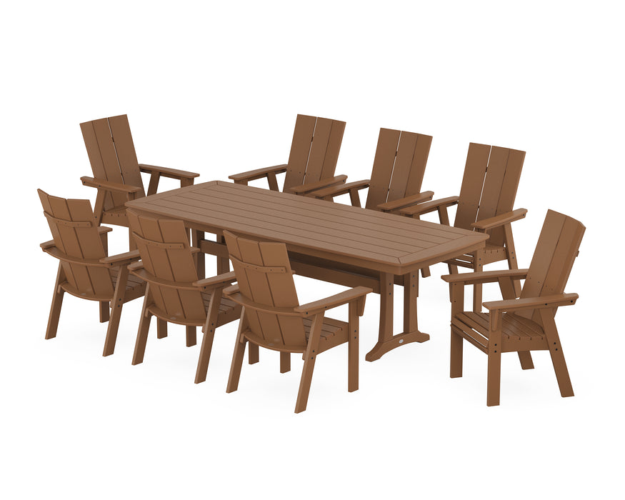 POLYWOOD Modern Curveback Adirondack 9-Piece Dining Set with Trestle Legs in Teak image