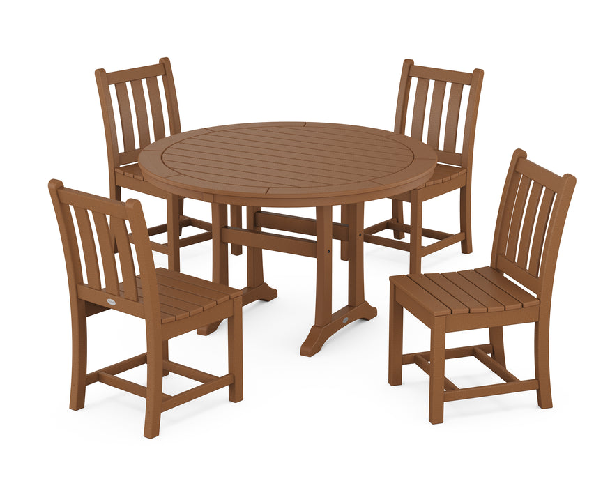 POLYWOOD Traditional Garden Side Chair 5-Piece Round Dining Set With Trestle Legs in Teak image