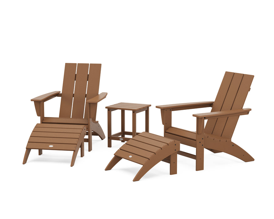 POLYWOOD Modern Adirondack Chair 5-Piece Set with Ottomans and 18" Side Table in Teak image