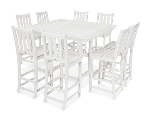 POLYWOOD Traditional Garden 9-Piece Nautical Trestle Bar Set in White image