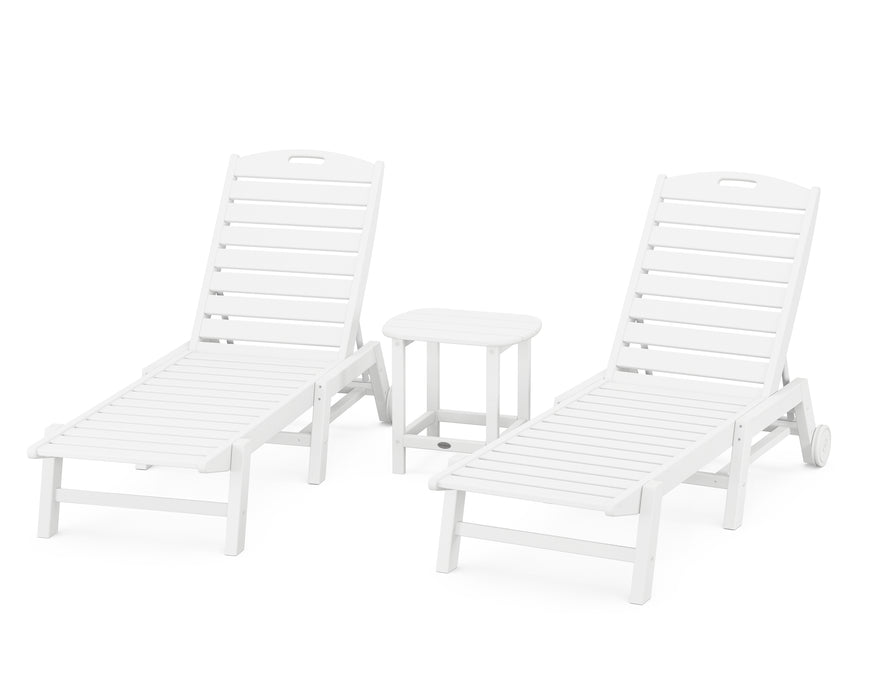 POLYWOOD Nautical 3-Piece Chaise Lounge with Wheels Set with South Beach 18" Side Table in White image