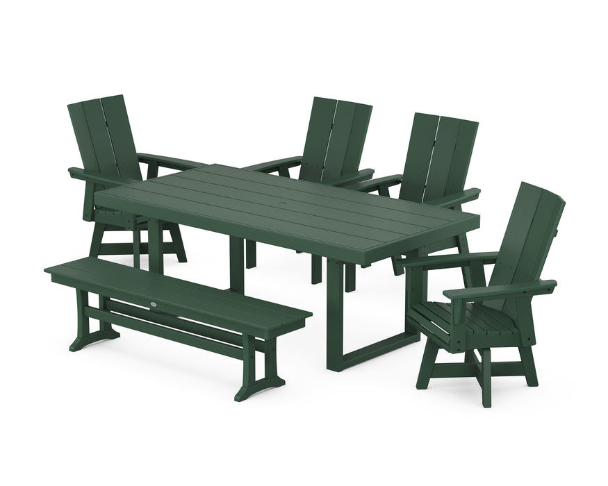 POLYWOOD Modern Curveback Adirondack Swivel Chair 6-Piece Dining Set with Bench in Green image