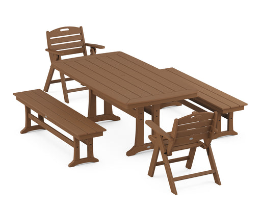 POLYWOOD Nautical Lowback Chair 5-Piece Dining Set with Trestle Legs and Benches in Teak image