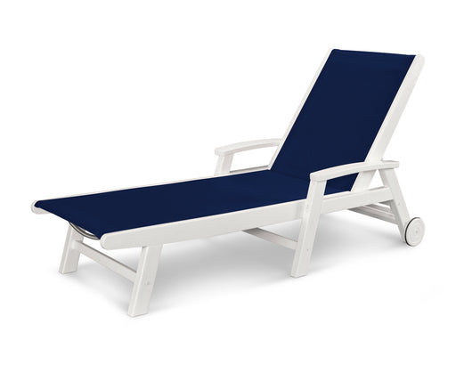 POLYWOOD Coastal Chaise with Wheels in White / Navy Blue Sling image