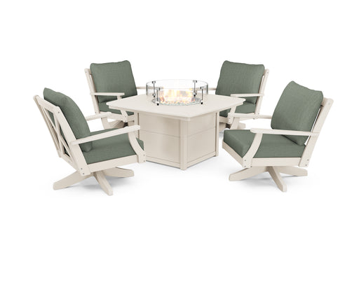 POLYWOOD Braxton 5-Piece Deep Seating Swivel Conversation Set with Fire Pit Table in Sand / Cast Sage image