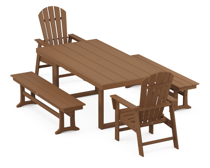 POLYWOOD South Beach 5-Piece Dining Set with Benches in Teak