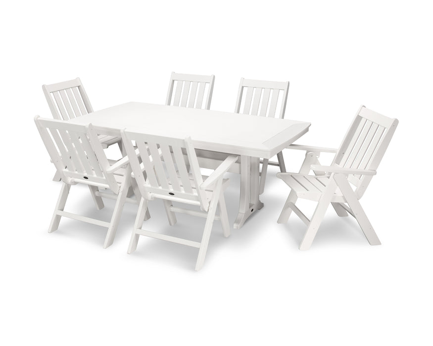 POLYWOOD Vineyard Folding Chair 7-Piece Nautical Dining Set with Trestle Legs in White