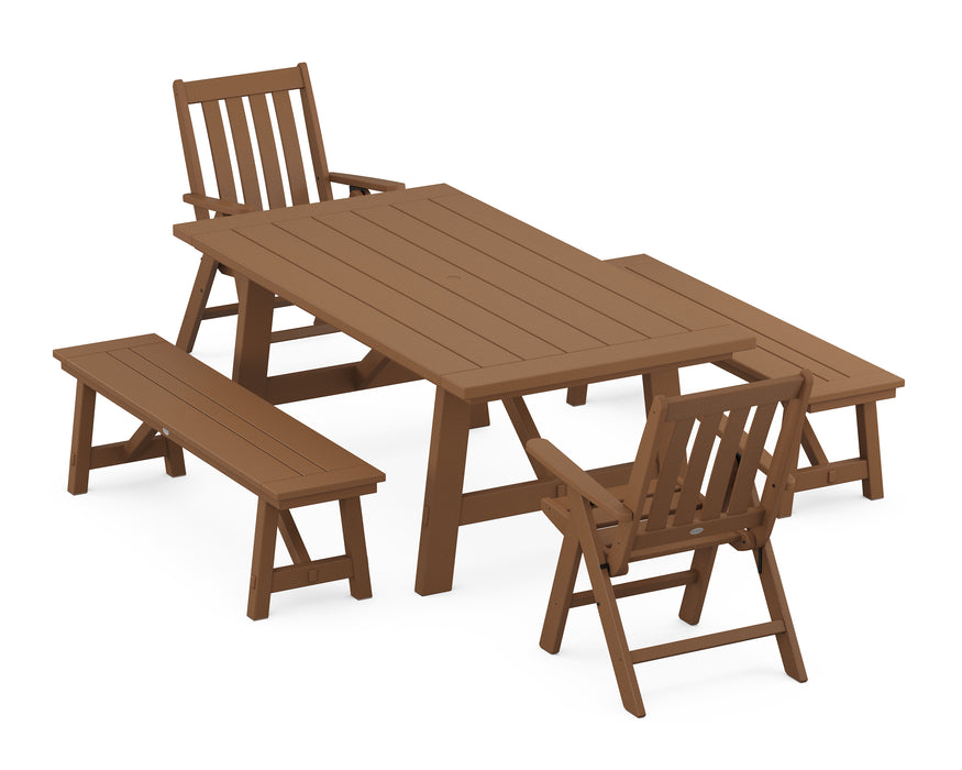 POLYWOOD Vineyard Folding Chair 5-Piece Rustic Farmhouse Dining Set With Benches in Teak