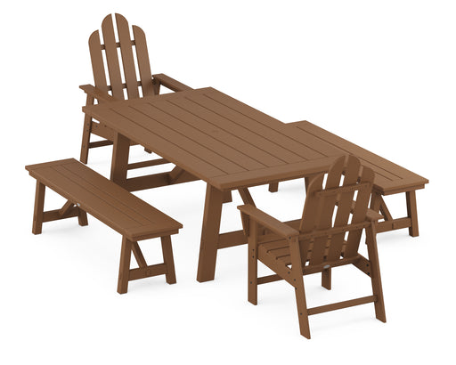 POLYWOOD Long Island 5-Piece Rustic Farmhouse Dining Set With Benches in Teak image